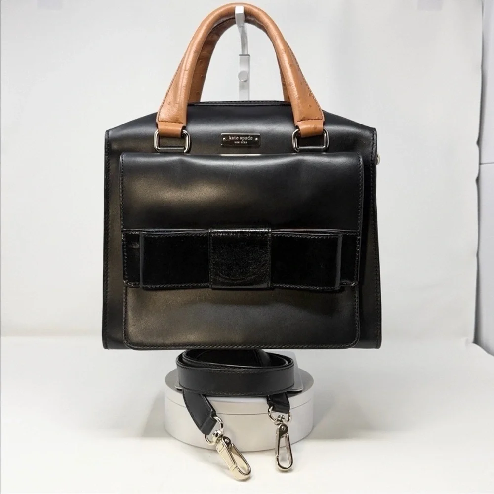Kate Spade Bow Bridge Kennedy Satchel Black Leather Ostrich Trim Crossbody Bag